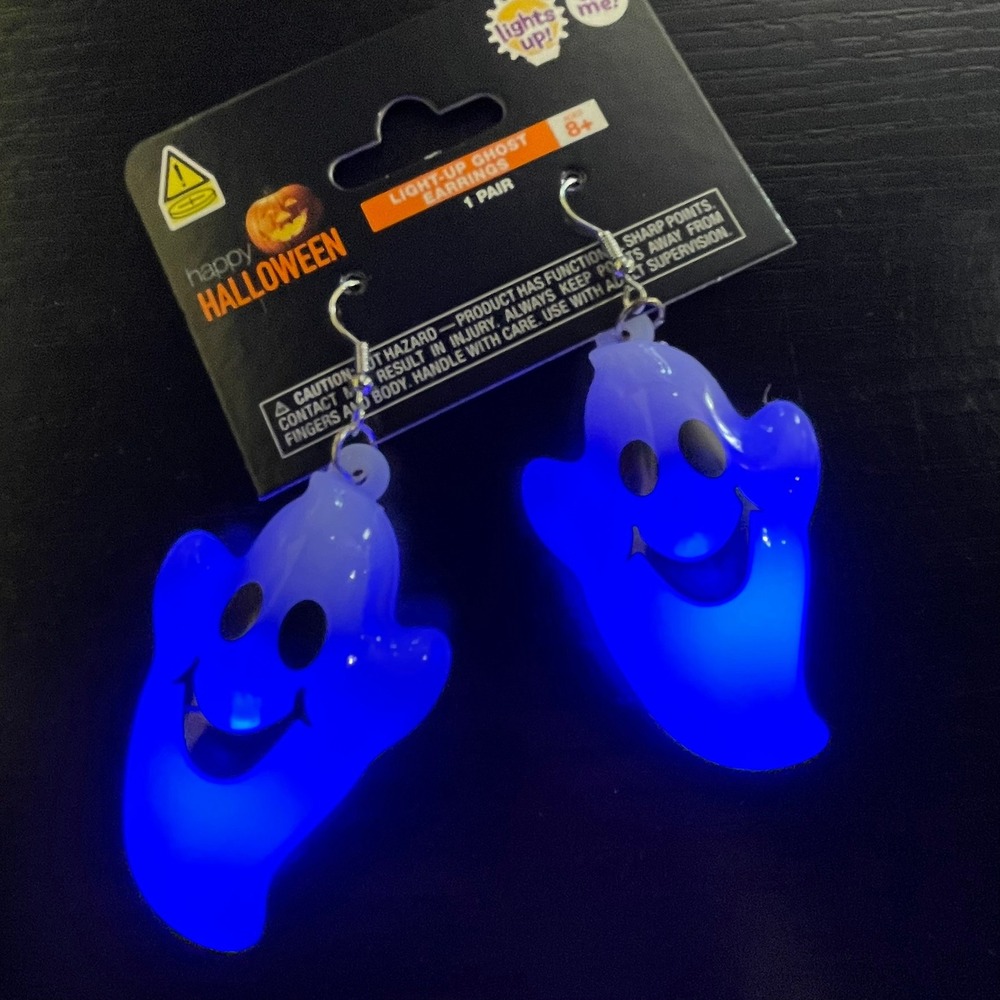 Happy Halloween Light Up Ghost Earrings Womens OS White Like New Blue LED Glow